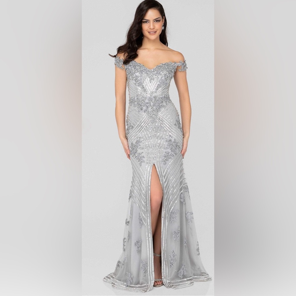 Terani Couture off-shoulder silver dress. Size 8.